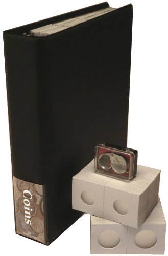 Coin Collecting Starter Bundle with Album, Flips & Loupe Magnifier - Black