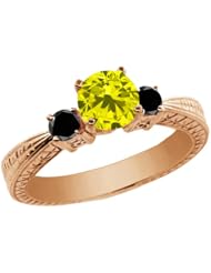 1.04 Ct Round Canary and Black Diamond 925 Rose Gold Plated Silver 3-Stone Ring
