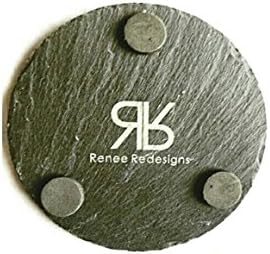 Renee Redesigns Round Hand Painted Silver Slate Drink Coasters with Leather Ribbon and Silver Eyelet Detailing, Gift Set of 4 | Protects Table Surfaces | For Hot & Cold Beverages and Candles