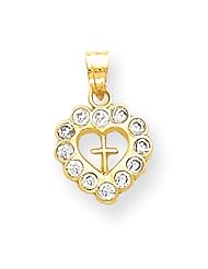10k Yellow Gold Solid Polished CZ Heart Cross Charm - Religious Jewelry