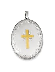 Sterling Silver Gold-Plated Cross W/Scallop Border 34mm Oval Locket