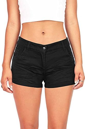 Ambiance Women's Juniors Stetchy Low Rise Cuffed Shorts (L, Black)