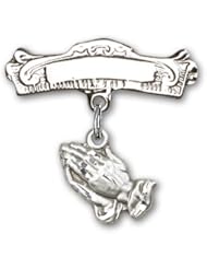 Sterling Silver Baby Badge with Praying Hands Charm and Arched Polished Badge Pin