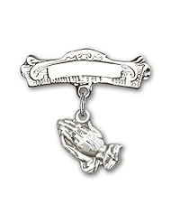 Sterling Silver Baby Badge with Praying Hands Charm and Arched Polished Badge Pin