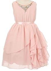 Girls Chiffon/Polyester Elasticized   Waistline Round Neck Lace  Knee Length Flower-Girl Dress  With Ruffles
