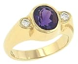 Bezel Set Ring with Oval Amethyst Center and 2 Round Diamond Side Stones 0 .14cttw