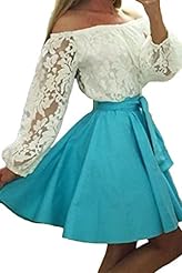 Polyester/Spandex Belted Lace Long Sleeves Off the Shoulder Summer Skater Dress/Party Dress 