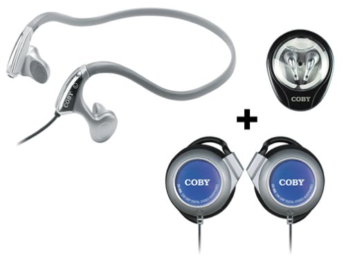 Coby Combo 3-in-1 Neckband Earphones, Ear Clip Headphones & Stereo Earphones CV123 (Silver)