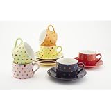Yedi Houseware Classic Coffee and Tea Polka Dot Teacups and Saucers, Set of 6