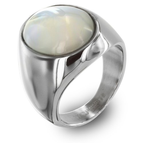 Stainless Steel Polished Oval Mother of Pearl Ring