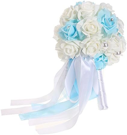 Petamo Wedding Rose Flower Silk Bouquet Bridal Rhinestone Bridesmaid Light Blue &amp; White