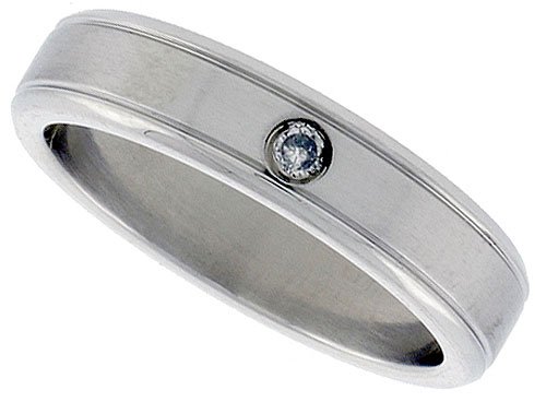 Surgical Steel Flat 6mm Wedding Band Ring Bezel set CZ Stone Grooved Bull Nosed Edges Matte Center Finish, size 9