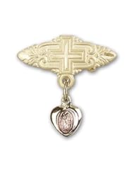 Gold Filled Baby Badge with Pink Miraculous Charm and Badge Pin with Cross