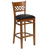 HERCULES Cherry Finished Lattice Back Wood Bar Stool - Black Vinyl Seat - X ....