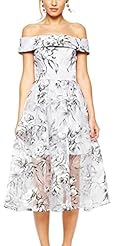 A-line Empire   Waistline Off the Shoulder Short Sleeves Floral Print Open-Back Organza Midi Dress 