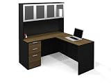 L-shaped Computer Desk in Bamboo & Black with Hutch & Keyboard Shelf