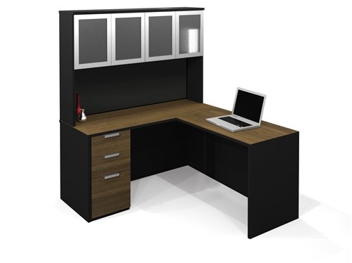 L-shaped Computer Desk in Bamboo & Black with Hutch & Keyboard Shelf
