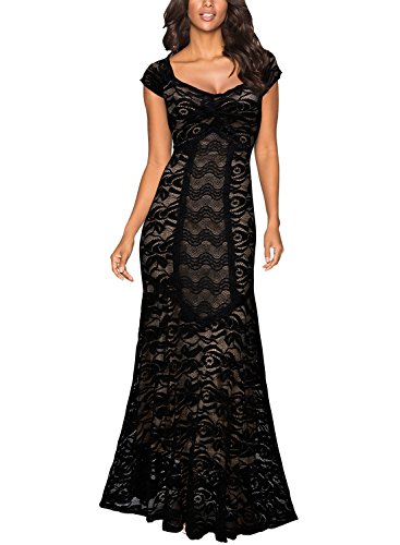 Miusol Women's Elegant Deep-V Neck Floral Lace Wedding Party Maxi Dress
