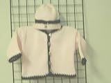 Ck601pb, . Knitted on Hand Knitting Machine Then Finished By Hand Crochet Infant Boys Outfit, Containing Baby Pink Cotton Crocheted Dark Brown Chenille Trim Cardigan Sweater, Hat Set