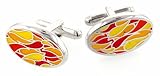 Truly unusual, silver plated elipse shaped cufflinks with red, orange and yellow enamel