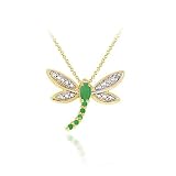 18K Gold over Sterling Silver Genuine Emerald & Diamond Dragonfly Pendant