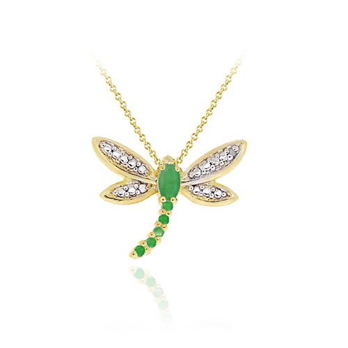18K Gold over Sterling Silver Genuine Emerald & Diamond Dragonfly Pendant