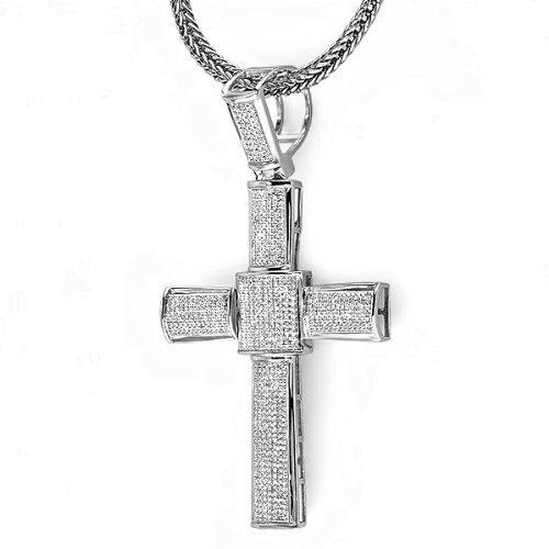 Sterling Silver White Diamond Micro Pave Mens Hip Hop Style Religious Cross Pendant Necklace (3.00 CT, H-I Color, I1-I2 Clarity) FREE CHAIN