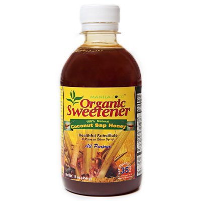 Organic Sweetener COCONUT SAP HONEY-Syrup Manila Coco TM -16 oz : Concentrated all natural sweet pure nectar from coconut fruit tree : Lower Glycemic Index @ 35 than Agave Syrup @ 42 or Bee Honey @ 55 : Lower calories @ 15 per serving than Maple @ 40