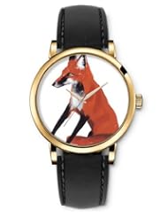 SPRAWL Aanalog Fashion Series Gold Ladies Watches of Genuine Black Leather Strap,Unique Wrist Watch for Women Girls Designed with orange fox