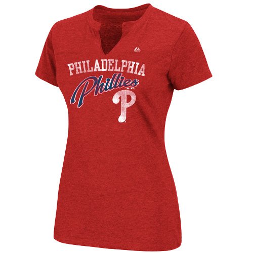 Majestic Philadelphia Phillies Ladies Game Lead Fashion Split Neck T-Shirt - Red (Medium)