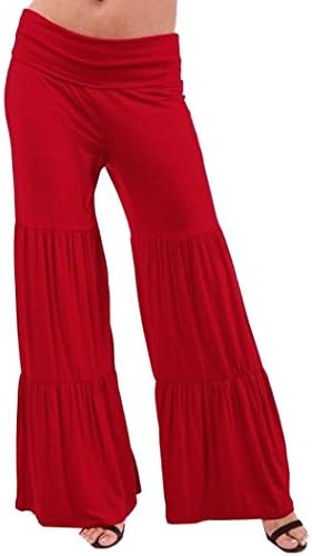 FXL Womens Comfy Chic Pleated Bell Bottom Long Palazzo Pants Red XS