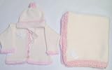 Ck405, Knitted on Hand Knitting Machine Ivory Cotton Trimmed By Hand Crochet with Pink Chenille Cardigan Hat for Infant Girls with Matching 31x45 Blanket Trimmed with Purple Sequin Double Heart