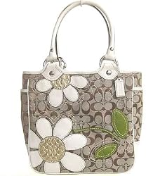 Coach Signature Bleecker Applique Flower Floral Shopper Bag Tote Khaki White