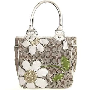 Coach Signature Bleecker Applique Flower Floral Shopper Bag Tote Khaki White