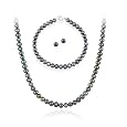 Sterling Silver 5.5-6mm Genuine Freshwater Cultured Peacock Pearl Necklace Bracelet & Stud Earrings Set
