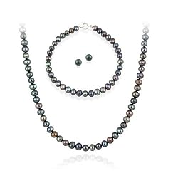 Sterling Silver 5.5-6mm Genuine Freshwater Cultured Peacock Pearl Necklace Bracelet & Stud Earrings Set