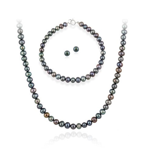 Sterling Silver 5.5-6mm Genuine Freshwater Cultured Peacock Pearl Necklace Bracelet & Stud Earrings Set