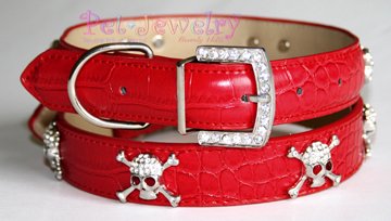 Dog Collar and Leash Set - 20-inch Swarovski Crystal Skull Dog Collars & leash set (red)