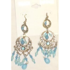 Genuine Gold Plated White and Blue Aquamarine Crystals Loaded Earrings