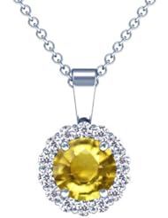 14K White Gold Round Cut Yellow Sapphire And Round Diamond Pendant