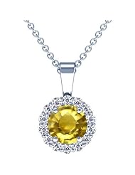 18K White Gold Round Cut Yellow Sapphire And Round Diamond Pendant