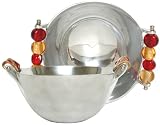 Aluminum Large Round Bowl with Ruby Red and Gold Glass Bead Handles 9 1/4"D 4 1/4"H