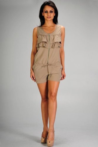 Women's sleeveless ruffle accent zippered front tunic romper with drawstring waist