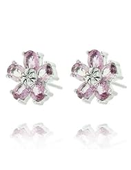 10k White Gold Pink Sapphire Flower Gemstone and Diamond Earring.