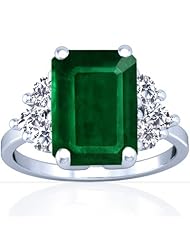 18K White Gold Emerald Cut Emerald Ring With Sidestones