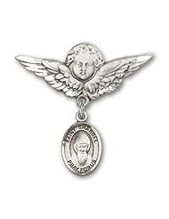 Sterling Silver Baby Badge with St. Sharbel Charm and Angel with Wings Badge Pin