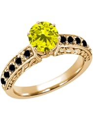 1.10 Ct Round Canary and Black Diamond 925 Yellow Gold Plated Silver Ring