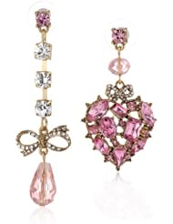 Betsey Johnson "Hanging Hearts Boost" Crystal Gem Heart and Mismatch Teardrop Earrings