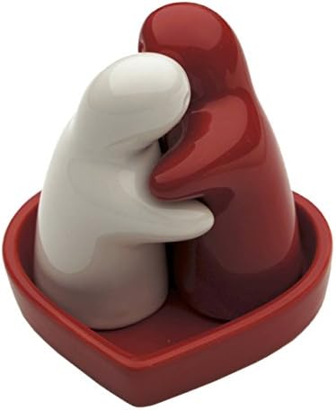 b2see Salt And Pepper Set , Huggers Red White On A Dish Ceramic Handmade