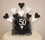 50th Birthday Anniversary Black & White Cake Topper with Hearts and Black Marabou Feathers